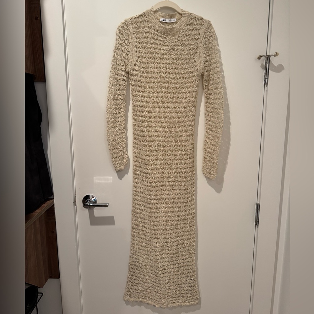 Zara Textured Cream Long Sleeve Beach Dress